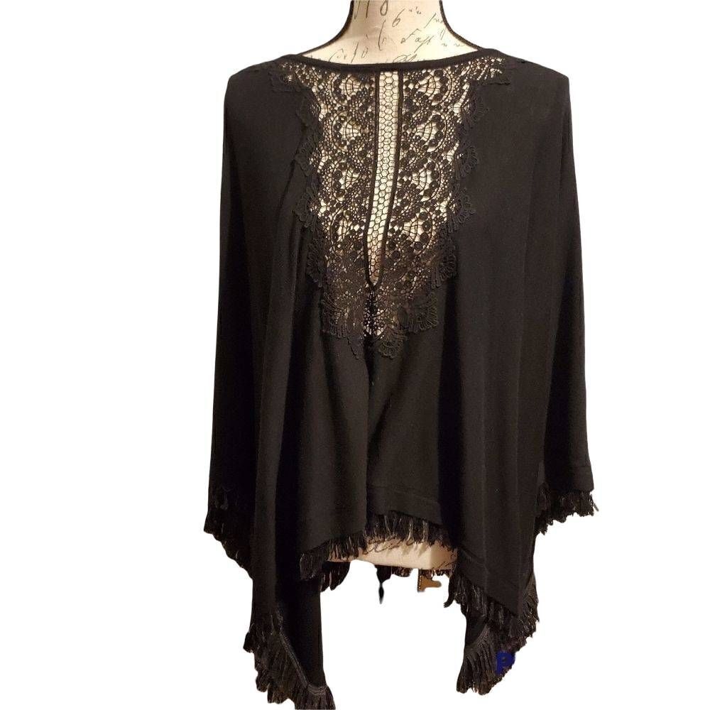Ella Moss Ladies Black Crochet Fringed Poncho Top - Size XS